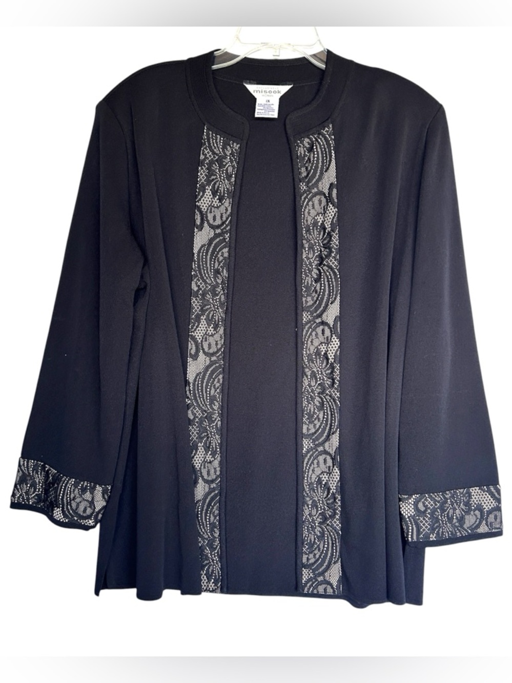 Misook Womans black knit sweater cardigan black open lace corpcore blazer jacket